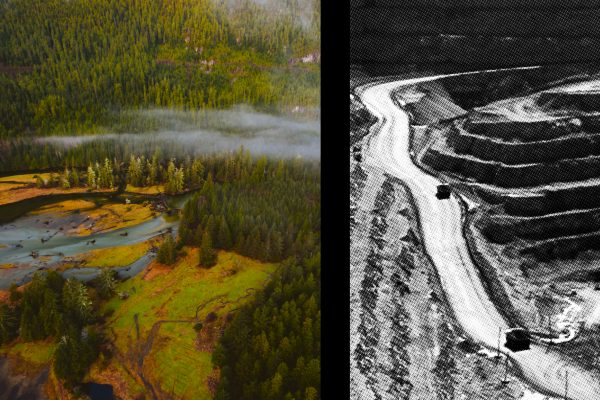 Split image of Tranquil River & an open pit mine